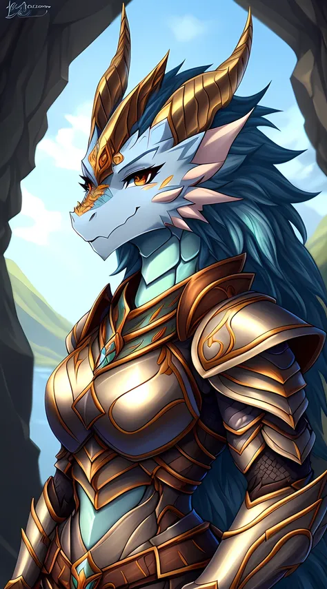 anime - imagem estilo de uma mulher cavaleiro, anthro dragon art, dragon inspired armor, dragon armor, dragon queen, fantasy ins...