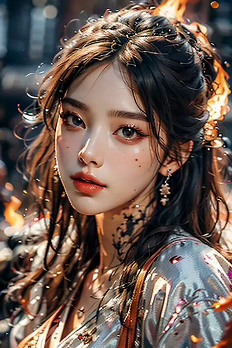 Best quality,masterpiece,ultra high res,(photorealistic:1.4)1girl,beautiful_face,detailed skin,full body,yuhuoshu,jewelry,solo,earrings,(fire:1.3),blurry,realistic,lips,