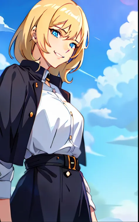 A young woman with blonde hair and features that reflect her English heritage , sorridente, (corpo inteiro, rosto detalhado),
sentado em uma rocha, ao ar livre, blue skies, usando trench coat preta, detalhes medieval,
daylighting, estilo anime, (8K, UHD, ...