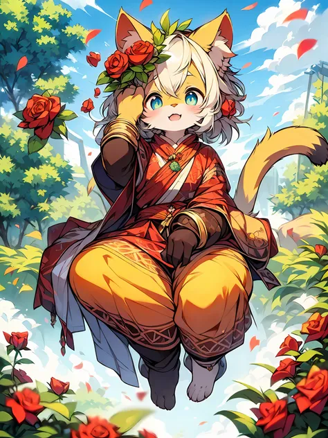 ((masterpiece)), highest image quality ((furry)), ((pair of yellow cat ears)), ((cat tail)), blue pupils, short hair, leaves, de...