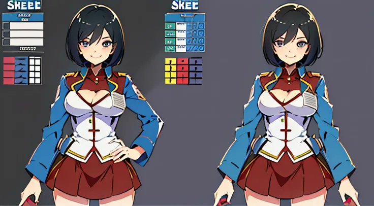(masterpiece), ultra detailed, 8k, ((A character sheet:1.4)) or reference sketch of a a beauty gal girl who looks like Pokemons Mai, with an uniform, she has short hair, and she smiling, with black hair, ultra realistic and sharp detail and intricate, intr...