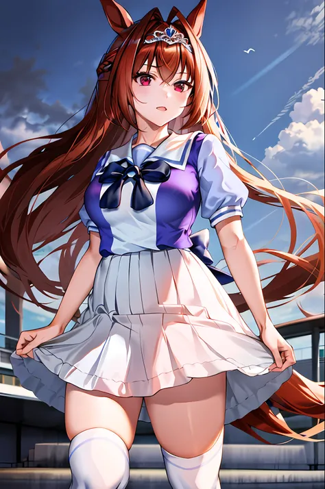 MASTERPIECE, beste Quality, Hi-Res, 1girl, Marl, solo, Large and crimson, Trasen School Uniform, white thighshigh, white skirt, Twin tail, sailor shirt, puffy short sleeves, horse tail, Very Long Hair, brownd hair, bows, sailor color, bow Tie, Purple shirt...