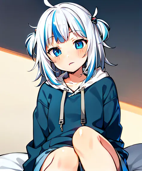 SFW, Female, Masterpiece, Very Detailed, Ultra Detailed, Best Quality, Highest Quality, 1girl, Solo, Gawr Gura, Bright Blue Eyes, (Blue Highlights in Hair), (Blush), Perfect Eyes, Perfect Face, Blue Hoodie, Short Shorts, Bedroom Setting