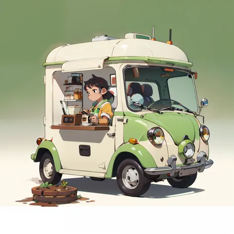 a lovely coffee cart，inspired by:【wuling hongguang minicar】and a【mini beetle】，equipped with a professional large coffee machine，...