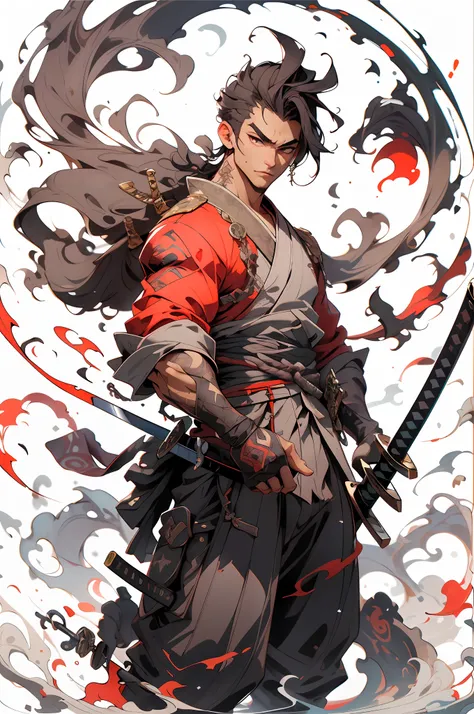 , arma, 1boy, black man, cabelo curto, foco masculino, espada, solo, roupa vermelha, roupas japonesas, segurando, segurando a arma, katana, segurando espada, bainha, , , mangas longas, , haori, , hakama, quimono, sheathed, corpo inteiro, fogo, em chamas em...