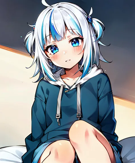 SFW, Female, Masterpiece, Very Detailed, Ultra Detailed, Best Quality, Highest Quality, 1girl, Solo, Gawr Gura, Bright Blue Eyes, (Blue Highlights in Hair), (Blush), Perfect Eyes, Perfect Face, Blue Hoodie, Short Shorts, Bedroom Setting