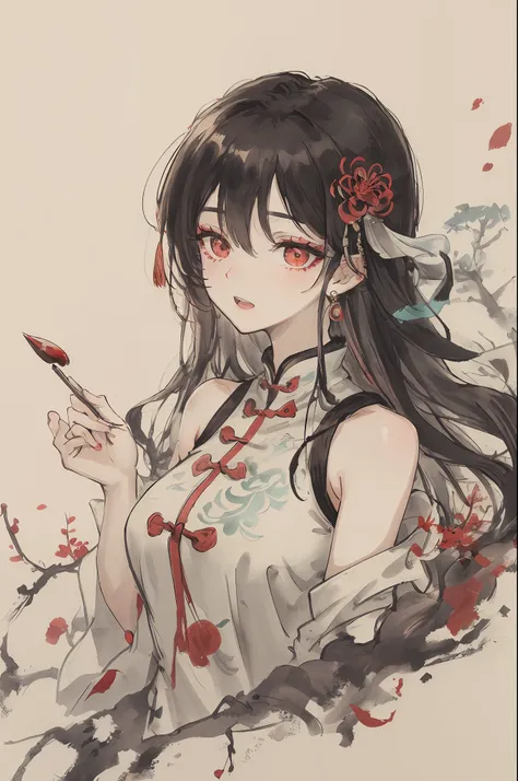 ((High resolution)), (Open Mouth), (Bust), (Top Quality), ((Super Fine)) (Super Fine CG)), ((8k_wallpaper)), Dynamic Angle, Floating, (Eyes with Beautiful Details), Very Delicate and Beautiful Girl, Upper Body, Ink Painting, (Chinese Style), Dark Eyes, Bur...