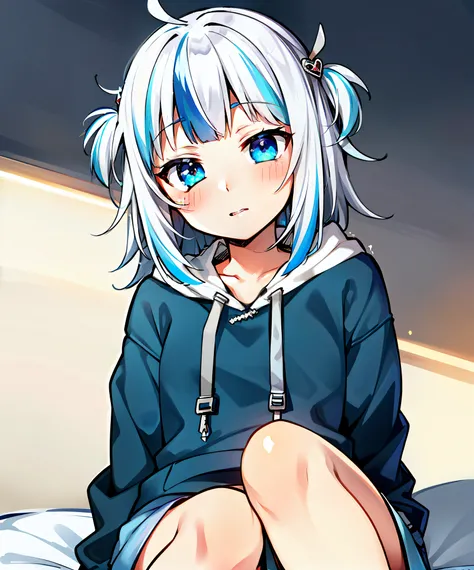 SFW, Female, Masterpiece, Very Detailed, Ultra Detailed, Best Quality, Highest Quality, 1girl, Solo, Gawr Gura, Bright Blue Eyes, (Blue Highlights in Hair), (Blush), Perfect Eyes, Perfect Face, Blue Hoodie, Short Shorts, Bedroom Setting