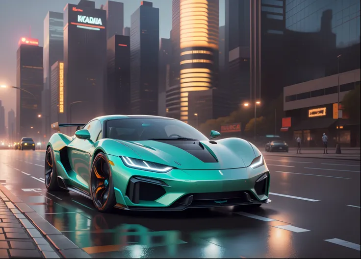 (high definition, 9k) a futuristic electric sports car with neon headlights in a futuristic cityscape with gaudi-style buildings