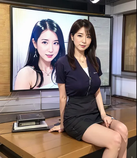 Live TV show, in the studio reading a manuscript, japanese mature, milf, female news caster, joshiana, caster clothes, tight skirt, black long hair,