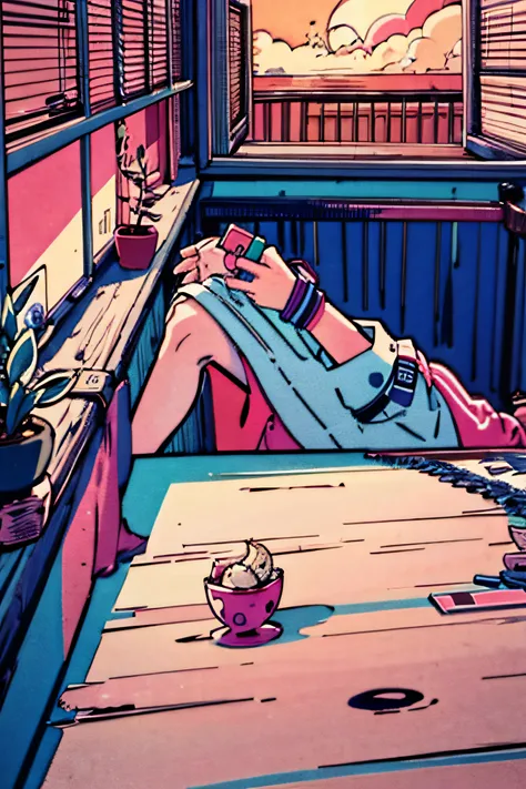 (masterpiece:1.5, best quality:1.5), ((VaporWave style, partially coloring)), close-up, from above, cinematic angle, (((vanilla))), 1girl, solo, cute smile, (hold a vanilla ice cream), jewel decorations, long hair, in an ice cream shop, doll mess, decadent...