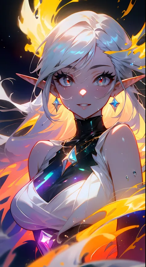 (simple hands:0.5)+(detailed hands:0.7), (masterwork), (best quality), white hair, red eyes,1girl, pale skin, white hair, red eyes, two tone hair, eyelashes, bracelet, jewelry, smile, gleaming skin, shiny hair, detailed and majestic stage, Fantasy, Long Ha...