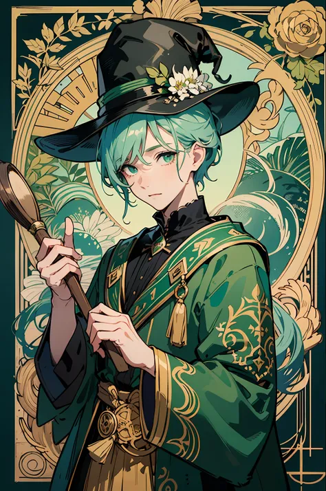 Meisterwerk, BestQuality, 1 мужчина, adult, dirty-green mantle, tall, slender, handsome, Finely detailed eyes, Intricate details, magician, black hat with pointed brim, broom with carved handle, Spell book with green boxes, bottles of potion with various i...