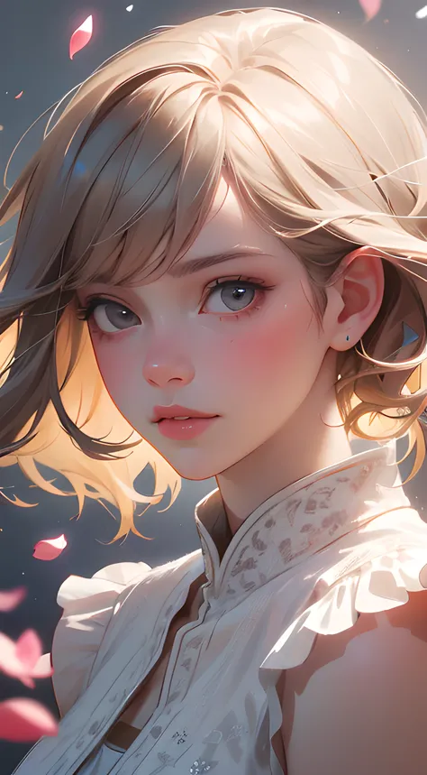 (best quality, masterpiece, ultra-realistic), 1 beautiful and delicate portrait of a girl, playful and cute, with floating petals in the background