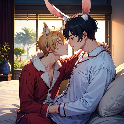 male wolf ears, shy face, wearing this pajamas, lazing on the bed, turning his body, with a rabbit ear next to him, looking at t...