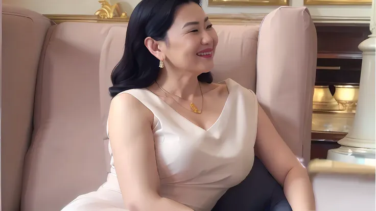 woman sitting in pink chair，wearing a gold necklace and earrings, inspired by li fangying