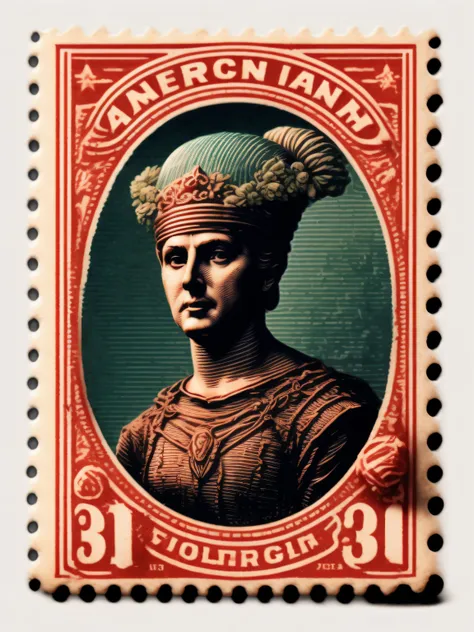 American vintage stamps,Stamp items without content, renaissance era, rpg item, dnd item, long brush strokes, CGI Art, DND, vivid, long brush strokes, master masterpiece, Medium Shot, 35mm lens, sharp focus, 4k, 8k, HDR