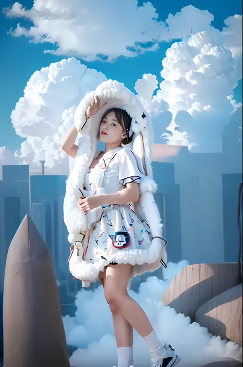 there is a girl that is standing on a skateboard in the air, girl clouds, portrait of magical lolita girl, in the white clouds fairyland, in white clouds fairyland, lie on white clouds fairyland, sitting in a fluffy cloud, angelic pretty, lolita style, sum...
