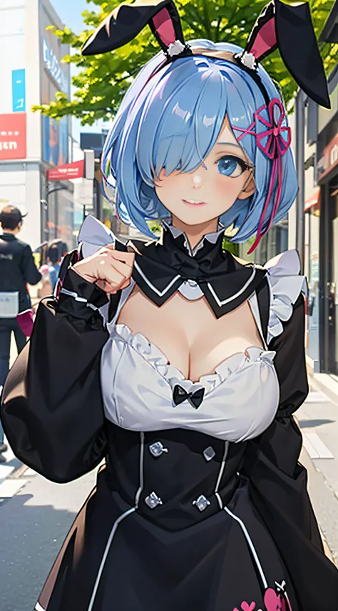 R_big breasts and big breasts_M, 1girl,((beautiful face)) ,blue short hair, blue eyes, Hair Over One Eye, Hair Ornament, pink hair ribbon, RemuS Bunny Girl outfit, , total body, The background is outdoors,4K,great resolution,master masterpiece