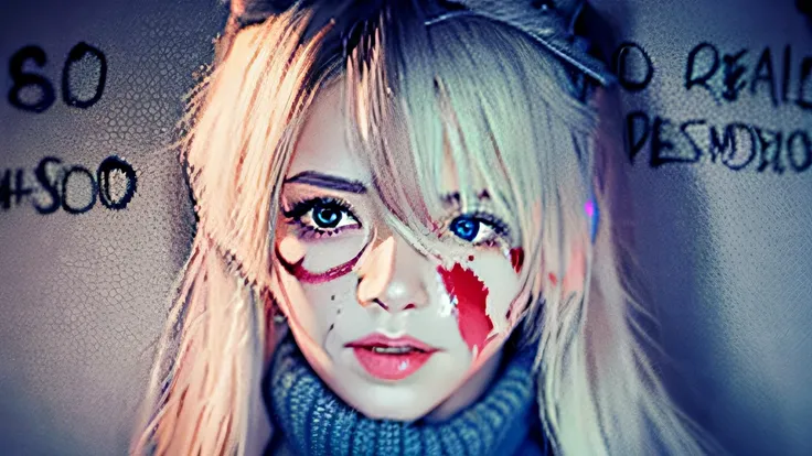 there is a drawing of a woman with white hair and blood on her face, Gapmoe Yander, speedpaint, estilo anime semi-realista, sad cerulean eyes, estilo de arte desconhecido, his eyes are bleeding intense, arte de anime realista, ((vermelho)) olhos baggy, 2 d...