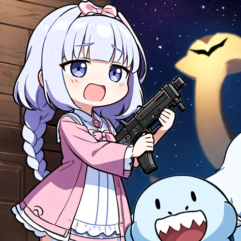 kanna kamui brava segurando uma pistola grande, chibi, sozinho, cabelo branco, braids, vestido rosa, roupas rosa, mangas longas,...