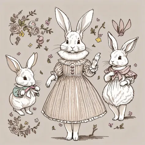 multiple poses and expressions, children's picture book drawing, dressed rabbit, white rabbit, bipedal, rabbit personification, ...