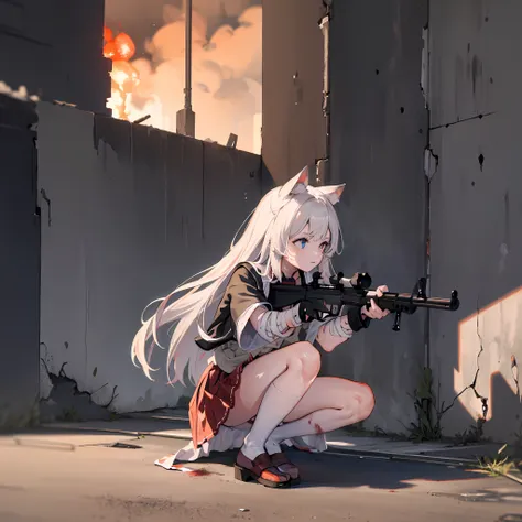 a girl shooting a rifle，wide view，squatting pose，total body，long white hair，catgirl，young body，japan school uniform，clothes stai...