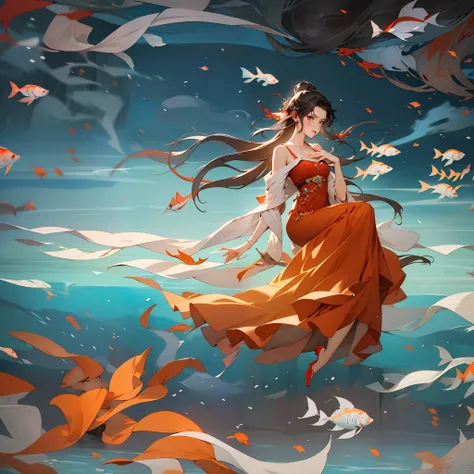 girl in red dress floating on the water, gray pupils, delicate face, fish, fog, meiji art, kerem beyit, loish, minei style