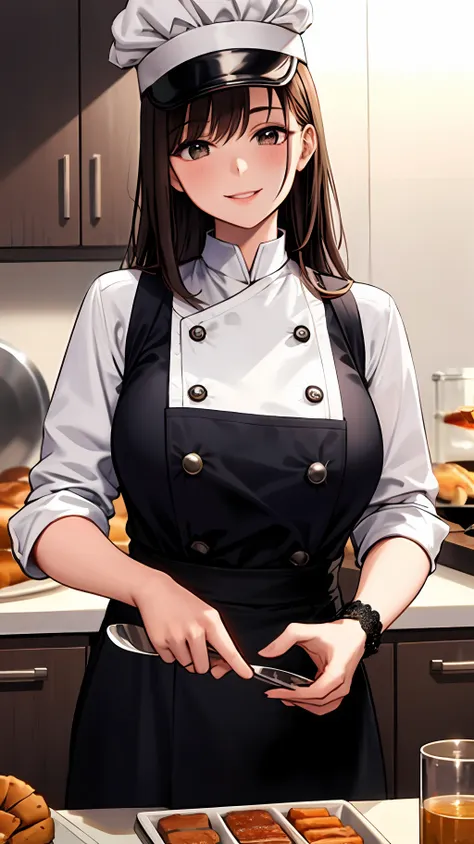 (masterpiece, best quality, detailed background, intricate details), fancy kitchen, 1girl, chef, cooking, brown hair, chef hat, ...