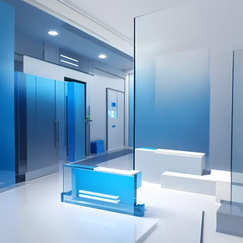 The city,shopping,digitigrade,Axisymmetric,Skeuomorphism,best Quality, minimalist,8k,BLENDER, octanerendering,C4D, Clear glass texture,blue color、green,Frosted glass,Transparent sense of technology,industrial design,a white background