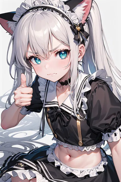 masterpiece,best quality,flat color, limited palette, low contrast,
(close-up, face focus:1.15),(thumb, thumbs up:1.3),(good job:1.25)
oliy skin,shiny skin,small breasts,(aqua eyes:1.1),navel,thighs,cat ears, cat tail, asymmetrical bangs, hair behind ear...