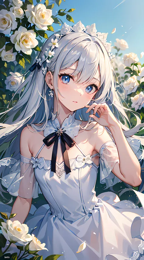 (masterpiece, best quality:1.6), white lace dress, cowboy shot, thighs, beautiful girl, (flowers, many small white petals:1.3), garden, blue sky, looking at viewer, small waist, official art, raw photo, incredibly absurdres, facelight, dynamic lighting, ci...