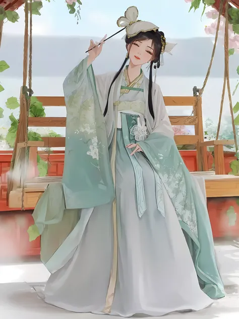 a woman in a green and white dress sitting on a swing, )Hanfu, white Hanfu, wearing ancient chinese clothes, traditional Chinese clothes, palace , girl in Hanfu, with acient chinese clothes, china clothes, ancient chinese princess, tang dynasty, ancient ch...