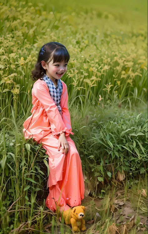 girl (child, curly hair, brown skin, brown eyes, reddish brown hair, happy, playing with a teddy bear, wearing a yellow dress),(...