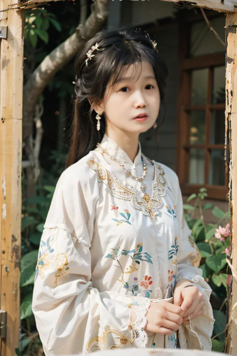 Fairy down to earth,clear and bright face,sweet face,elegant and flying fans,very long straight hair,lace wrapped chest,lace sleeves,ancient colorful rainbow gauze clothes,Hanfu,exquisite and complex Chinese womens Clothing,petal decoration,parted bangs,(a...