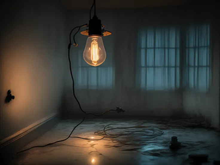 an old tungsten lamp is suspended by black wires in the center of the room，flashing dim light。
the quiet atmosphere is like ink ...