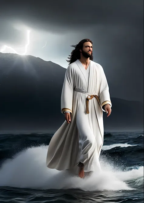 jesus christ walking on water in a storm, white robes, waves, soft expression, dark sky with lightning, lightning, photo realism...