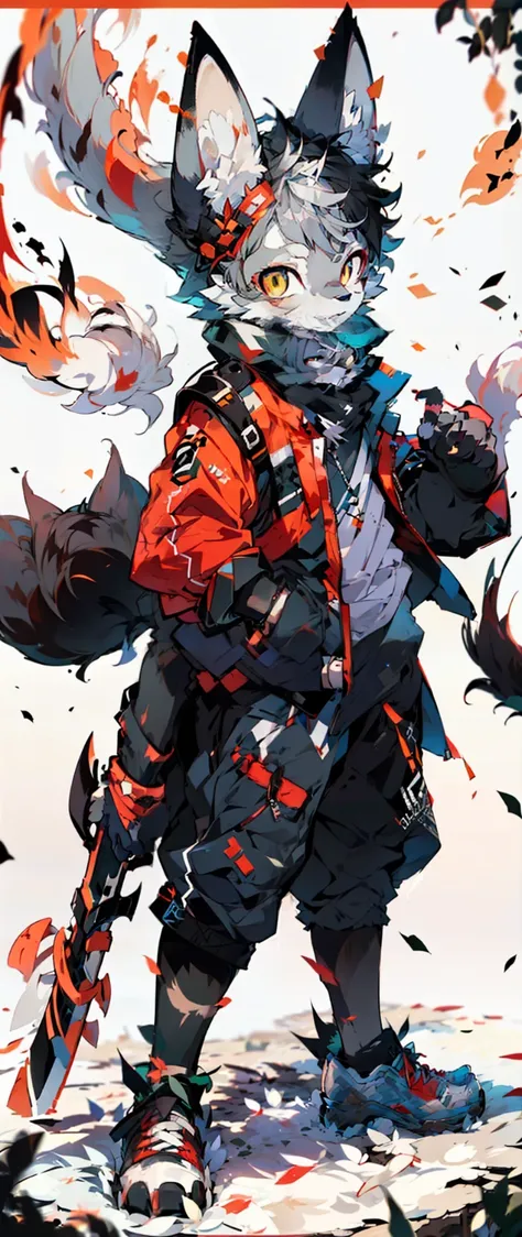 (fluffy anthro furry:1.3), 1girl, solo, furry cat, cat ears, solo, furry, furry male, male focus, anthr, (full body fur, fluffy tail, gray-black fur, brown eyes, gray hair: 1.2), (long canine) anime style gray-black wolf boy battle-hardened trained holding...