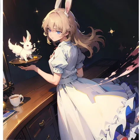 anime girl with rabbit and clock in her hands, kawacy, like alice in wonderland, alice from alice in wonder land, splash art ani...