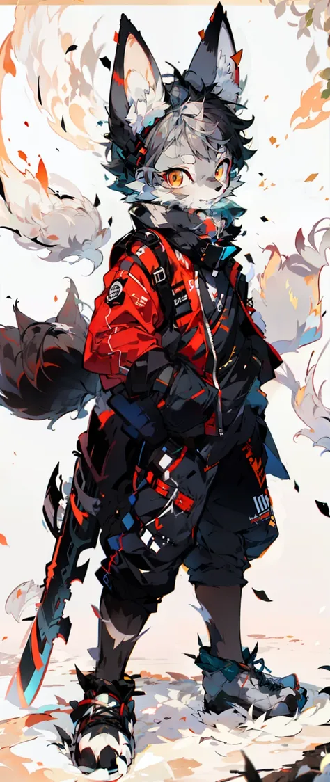 (fluffy anthro furry:1.3), 1girl, solo, furry cat, cat ears, solo, furry, furry male, male focus, anthr, (full body fur, fluffy tail, gray-black fur, brown eyes, gray hair: 1.2), (long canine) anime style gray-black wolf boy battle-hardened trained holding...