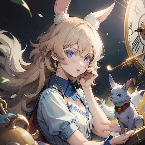 anime girl with rabbit and clock in her hands, kawacy, like alice in wonderland, alice from alice in wonder land, splash art ani...