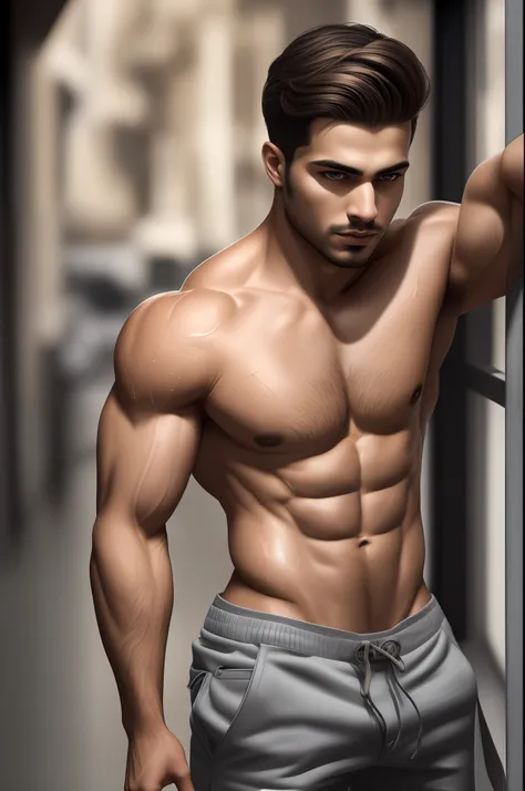 (full body photo) of muscular handsome middle eastern ethnicity young man looking down, naked torso, full length portrait, low c...