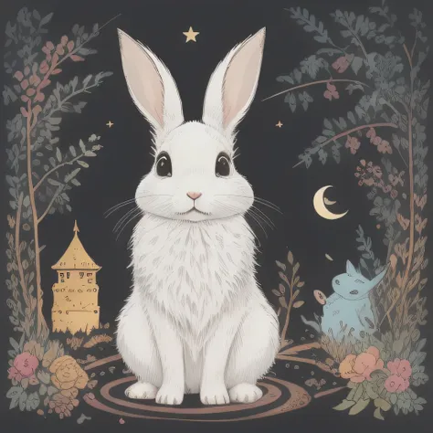 picture book illustrations for children、two rabbits crossing the bridge、white rabbit、biped、rabbit personification、3 head body、se...