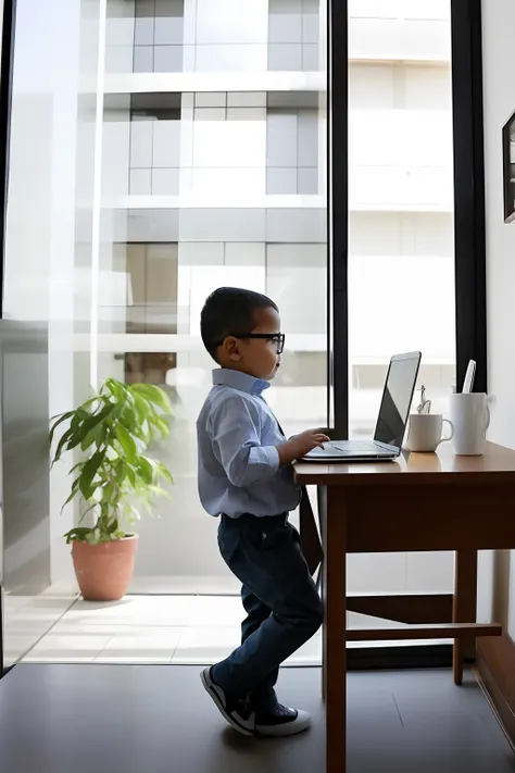 guttonerdvision4, Award-winning portrait of a bespectacled 3-year-old boy, detalhes intrincados, wearing a dress shirt and pants, em seu escritorio, mesa com xicara de cafe quente, trabalhando em seu laptop. Window in the background entering the morning s...
