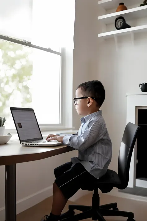 guttonerdvision4, Award-winning portrait of a bespectacled 3-year-old boy, detalhes intrincados, wearing a dress shirt and pants, em seu escritorio, mesa com xicara de cafe quente, trabalhando em seu laptop. Window in the background entering the morning s...