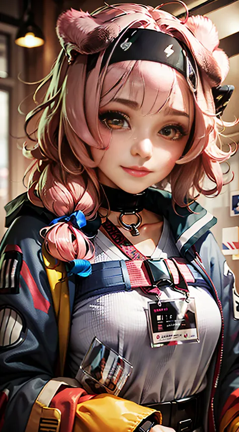 MasterPiece, 1girl, looking at the viewers, finely beautiful eyes, 3d face、, Lustrous Skin, Close up of a, (Positively:1.2), Face focus, (Behind the arm:1.2), simple Backgrounds, solo, Sorrisos, face、, upper body,Pigtails,headband,pink hair,Golden eyes,Op...