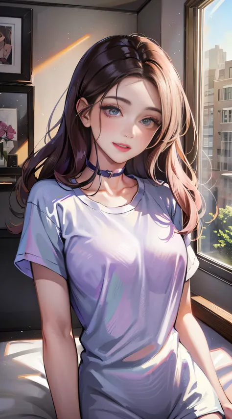 (higher resolution, distinct_image) The best quality, a woman, masterpiece, highly detailed, semi realistic, 21 years old, beautiful, young, handsome, t-shirt, lilac shirt pulled, collar on neck, interior, modern room, window, wake up, morning, blush, smil...