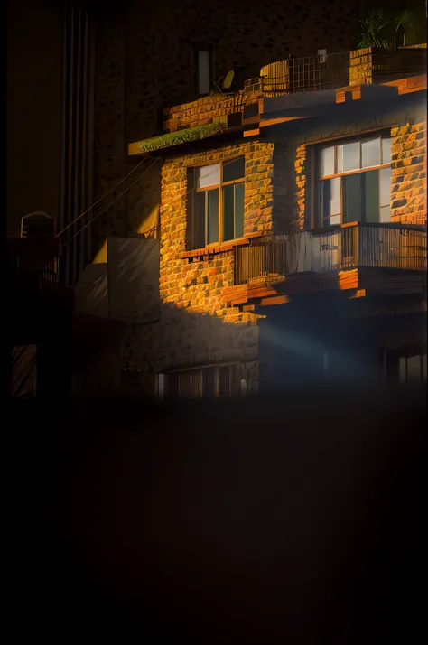 There is a building with a balcony,There is a balcony at the top, late afternoon lighting, filtered evening light, late afternoon sun, early morning lighting, nice afternoon lighting, cinematic light and reflections, early morning light, afternoon lighting...