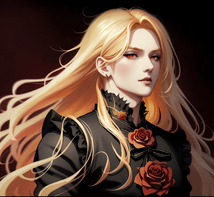 sticker anime chibi vampire guy, long golden blonde hair, victorian style, roses in hair ,dark black eyelashes , red eyes, jewel...