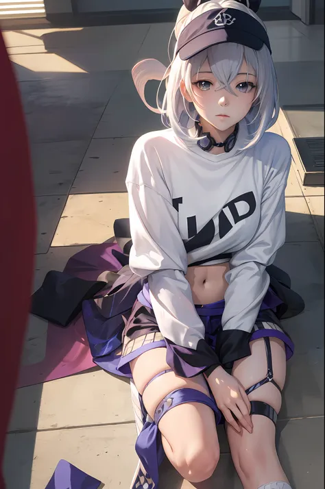 anime girl with white hair and a white hat sitting on the floor, ecchi anime style, ecchi style, white haired girl wearing sweat...